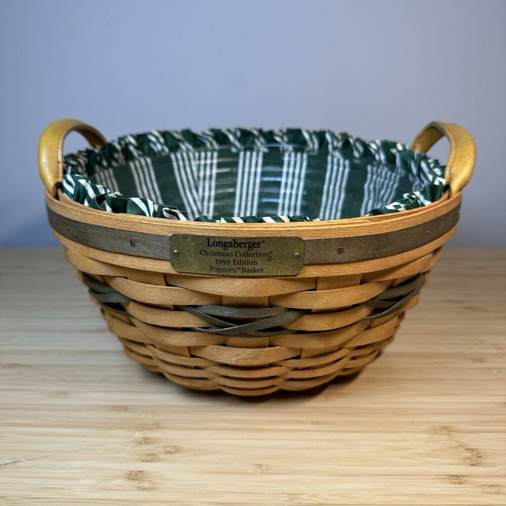 Longaberger 1999 Christmas Collection Popcorn Basket Green Liner & Tray Vintage